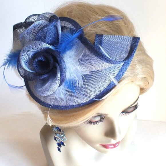 Blue Sinamay Comb Fascinator With Sinamay Rosettes and Blue White Feathers - Picture 2 of 10